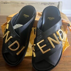 Fendi Black Slides with Gold Logo
